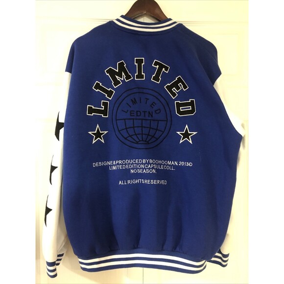 BOOHOOMAN VARSITY BOMBER JACKET Medium Blue Limited Edition 2013 Patches READ - Picture 3 of 11